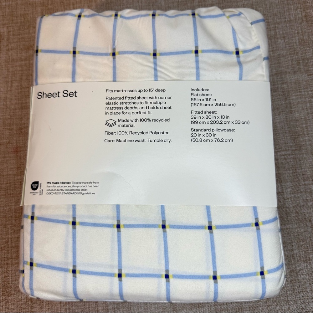 Room Essentials Twin Sheet Set Blue Grid Microfiber Twin XL Compatible NWT - Picture 5 of 7